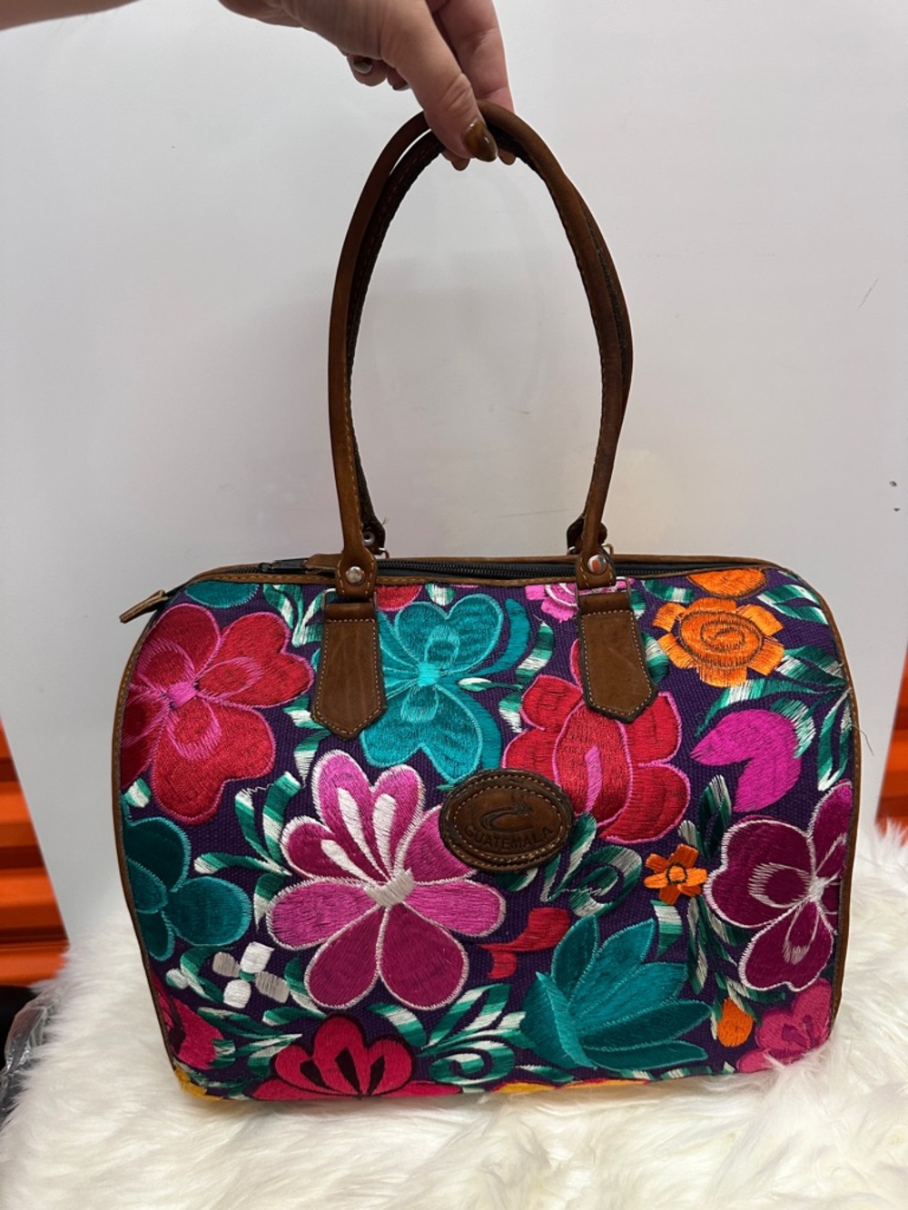 Handheld Floral Embroidered Satchel - Multicolor